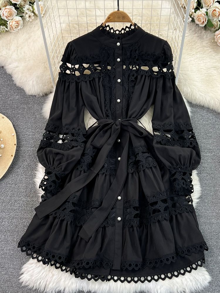 High Quality Black and White Long Lantern Sleeve Mini Dress