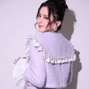 Fashion Sweet Office Lady Pearl Jacket Sets Double Breasted Ruffles Spliced Coat Outfits Light Purple Mini Skirt Two-Piece Set
