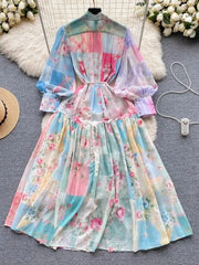 High Neck Long Flare Sleeve Belted High Quality Flower Dress