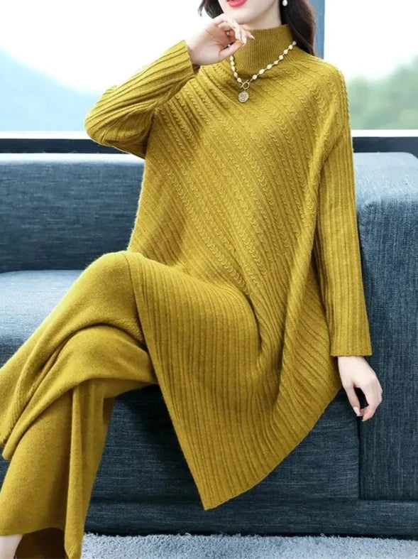 High Quality Turtleneck Knitted Wide Leg Irregular 2 Piece Set