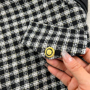 Women Elegant Style Two-piece Winter Lantern Long Sleeve Stand Collar Slim Knit Top High Waist Plaid Skirt Two-piece Set Women