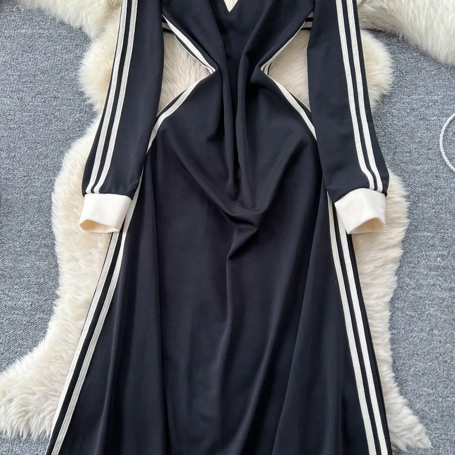Chic vintage patchwork striped dress Elegant Fairy korean fashion autumn Party women clothing