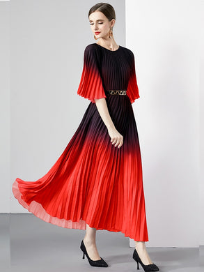 High Quality Vintage Oversized Loose Gradient Belt Lace Up O Neck Pleated Long Dress