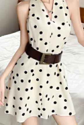 Fashion Sexy Halter Dress Women Summer Belt Waist Slim Fit Polka Dot A Line Party Daily Office Street Wear Chic Woman Dress