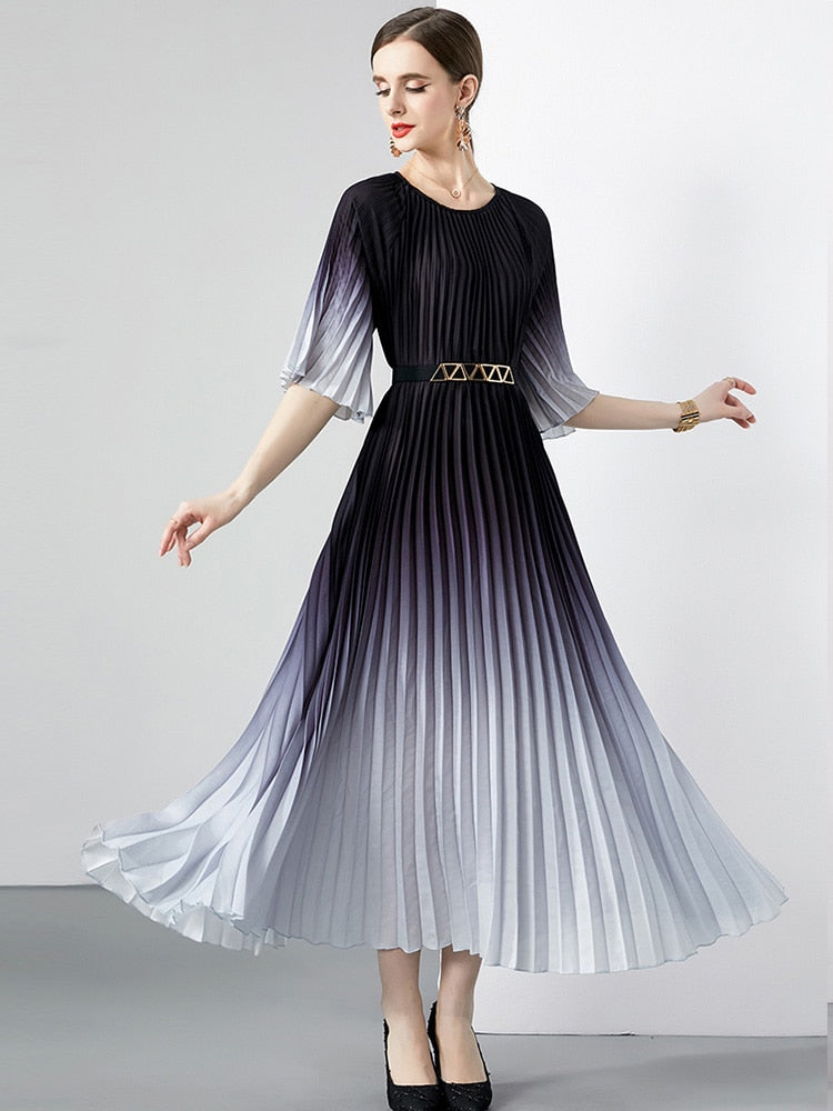 High Quality Vintage Oversized Loose Gradient Belt Lace Up O Neck Pleated Long Dress gray / One Size High Quality Vintage Oversized Loose Gradient Belt Lace Up O Neck Pleated Long Dress gray / One Size