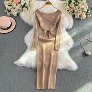 Women's Wrapped Hip Bodycon Waist Show Thin Long Sleeve V-Neck Bottom Dress