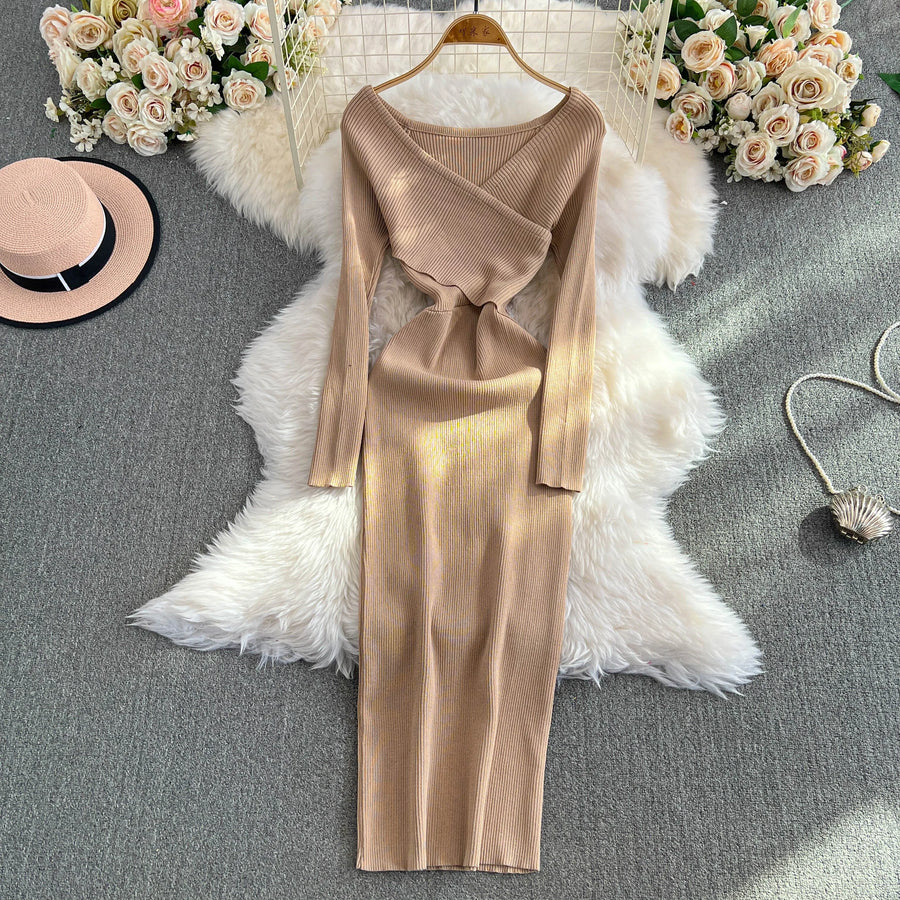 Women's Wrapped Hip Bodycon Waist Show Thin Long Sleeve V-Neck Bottom Dress