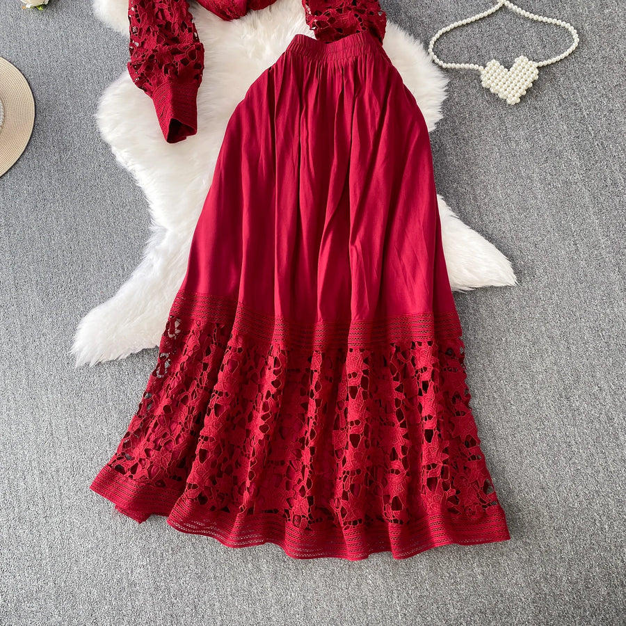 Skirt Sets Women Clothing Temperament Two Piece Set Patchwork Lace Blouses High Waist Hollow Out Long Skirts Suit Summer Outfits