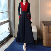 High Quality Red Sleeve Red Stitching Pockets Long Dress