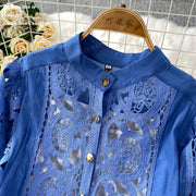 Summer Embroidery Maxi Dress Two Piece Set Women Blue Hollow Lace Long Sleeve Blouse Shirts 3pcs Sets Elastic Waist Skirts Suits