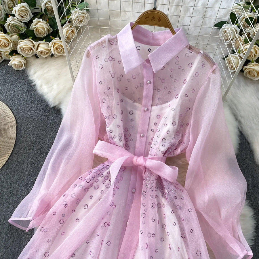 Fashion Temperament Bandage Slim Waist Dress Fairy Gauze Ruffled Long Robe Turn-down Collar Single Breasted Diamonds Vestidos