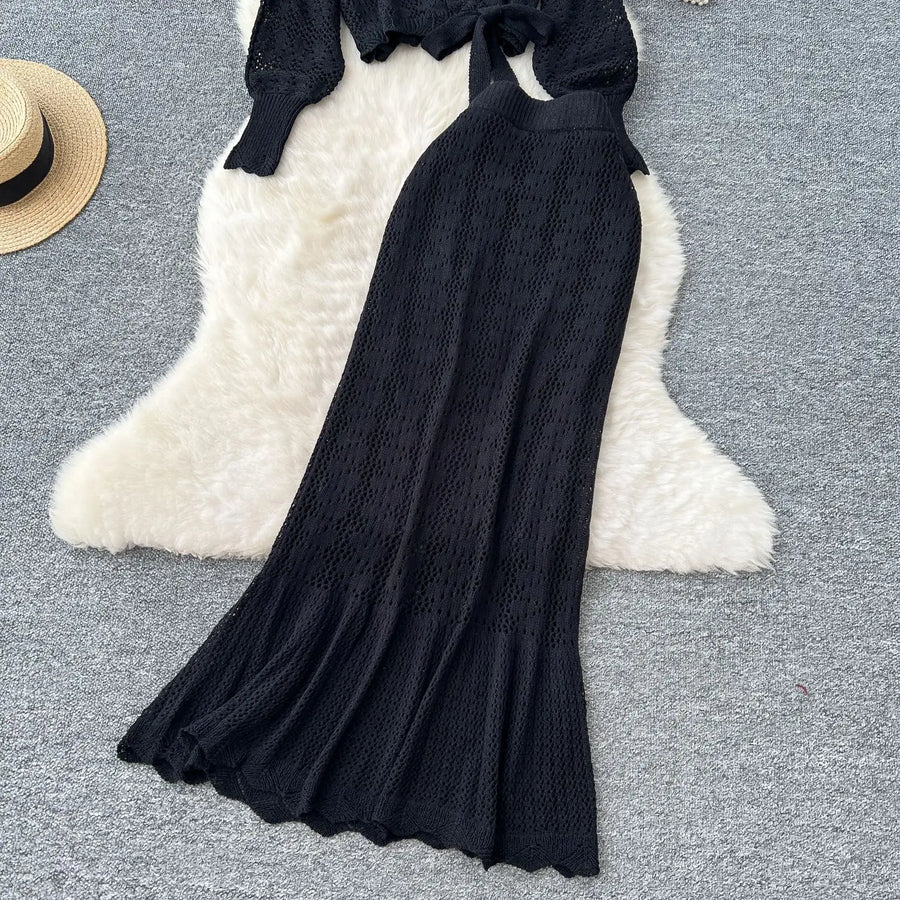 Two Piece Sets Women Skirt Set Full Sleeve Tops Long Skirts A Line High Waist  Streetwear Hollow Out Knit Work Autumn