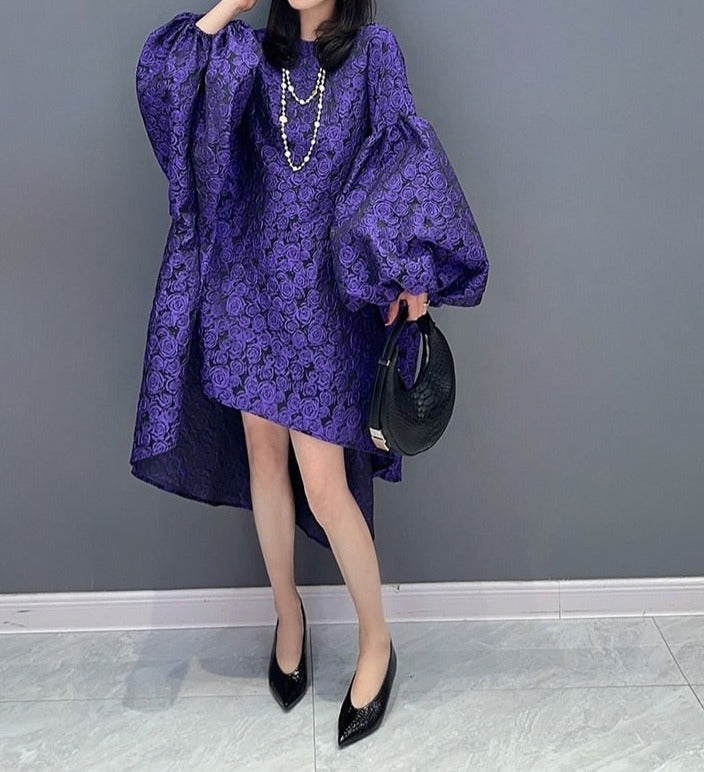 High Quality Oversized Purple Puff Sleeve Purple Elegant Dresses