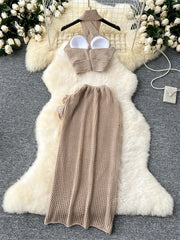 3D Knitted Women Sets Halter Hollow Out Mini Tops + Side Split Bodycon Long Skirt Sexy Beachwear 2 Piece Sets High Quality