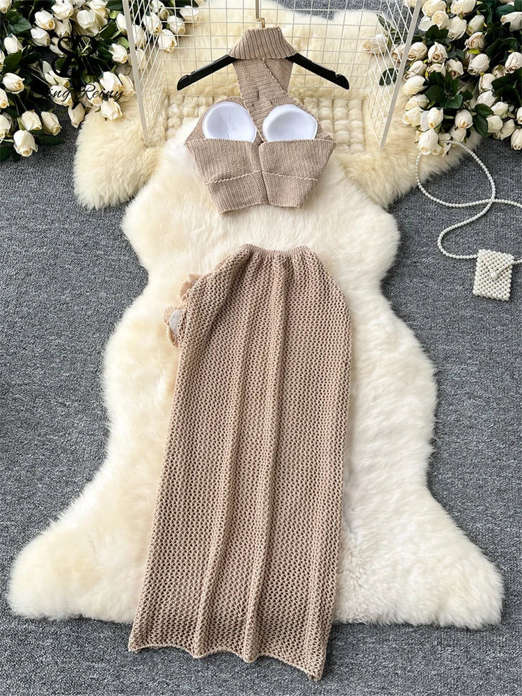 3D Knitted Women Sets Halter Hollow Out Mini Tops + Side Split Bodycon Long Skirt Sexy Beachwear 2 Piece Sets High Quality