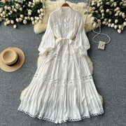 Elegant retro style slit maxi dress with pearl buttons and high-quality crochet embroidery