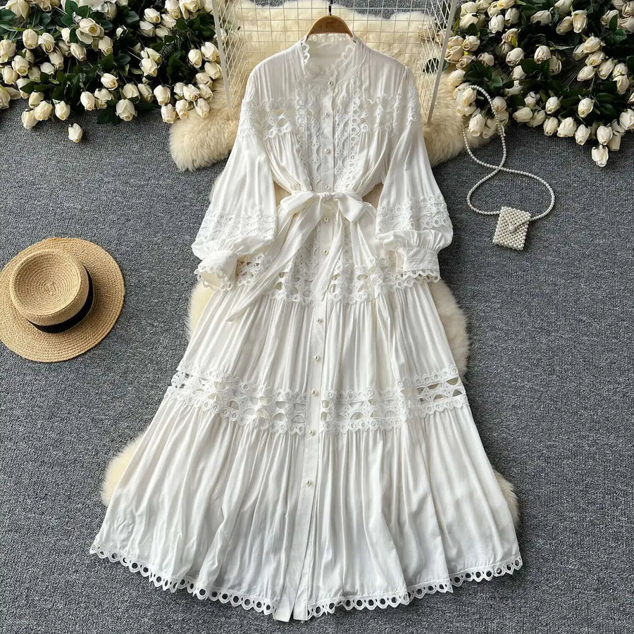 Elegant retro style slit maxi dress with pearl buttons and high-quality crochet embroidery