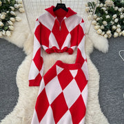 American Fashion Warm Suits Women Lapel Neck Zipper Tops+High Elastic Skinny Skirt Plaid Streetwear Two Pieces Sets