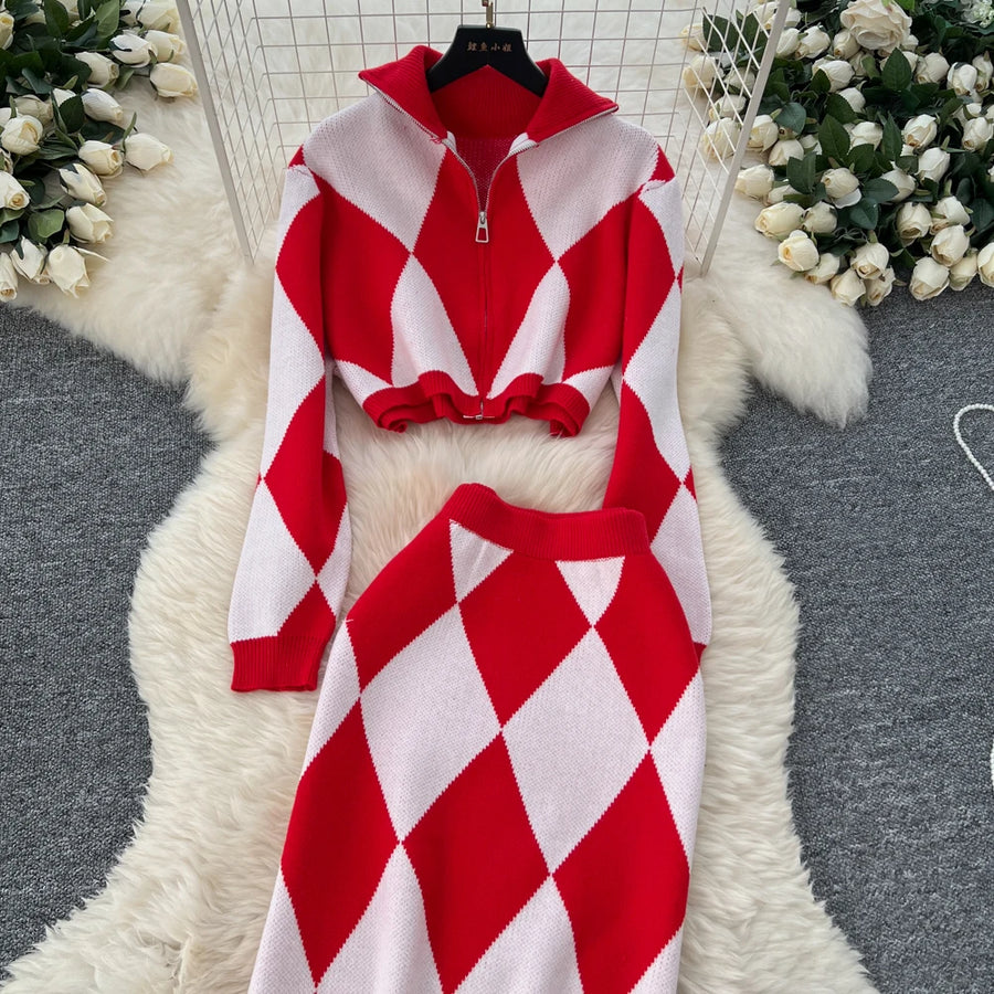 American Fashion Warm Suits Women Lapel Neck Zipper Tops+High Elastic Skinny Skirt Plaid Streetwear Two Pieces Sets