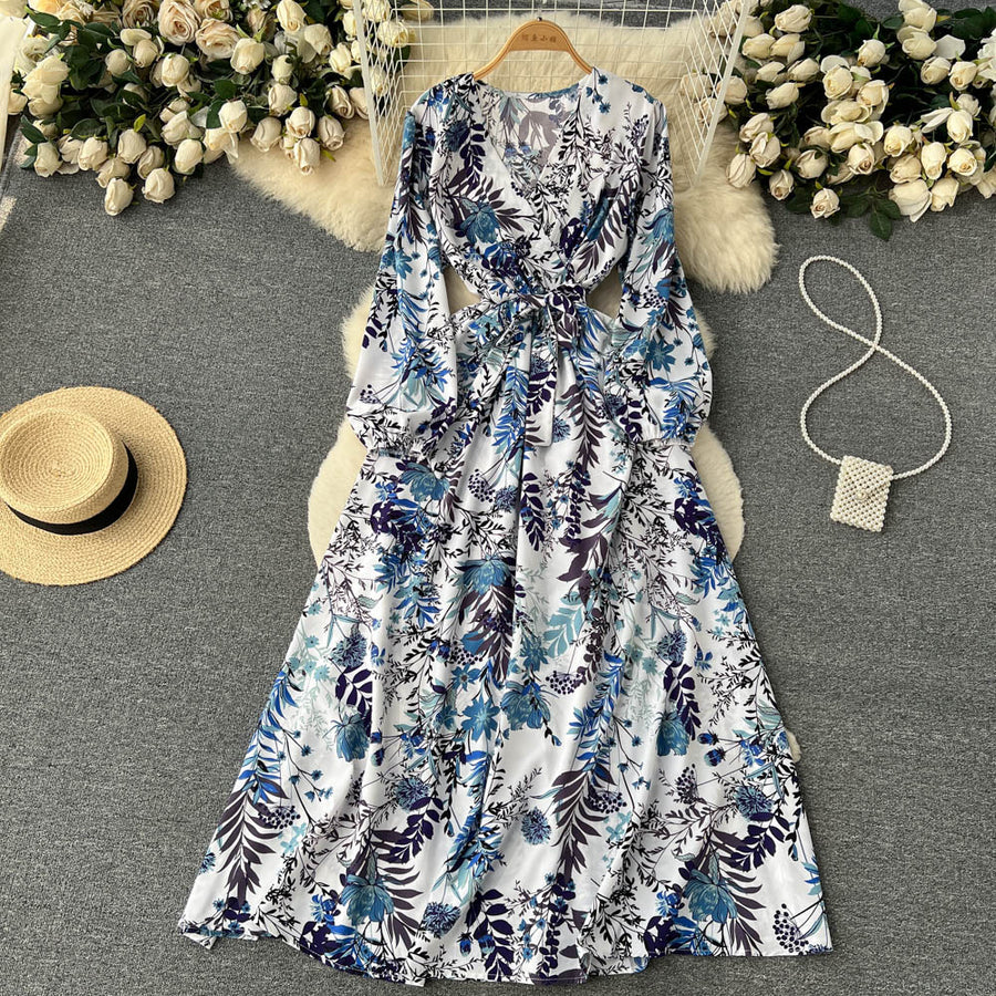 High Quality Multi Colors V Neck A-Line Floral Long Sleeve Dress