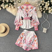 Two Piece Set Floral Print V Neck Flare Long Sleeve Shirt + Belted Pocket Shorts High Quality