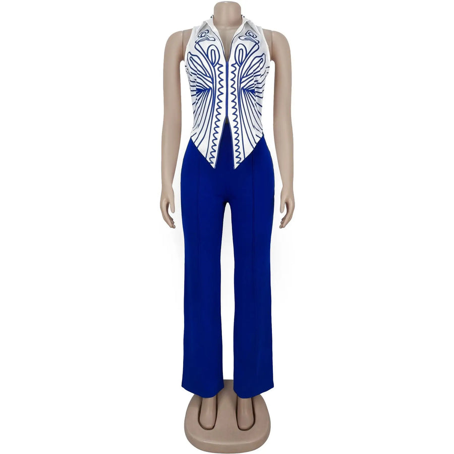 Elegant two-piece set for women: printed tank top and high-quality wide-leg pants