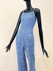 Designer Women Autumn Suspenders Jumpsuit Pearls Beading Strap Long Wide Leg Pants High Street One Piece Tweed Jumpsuits