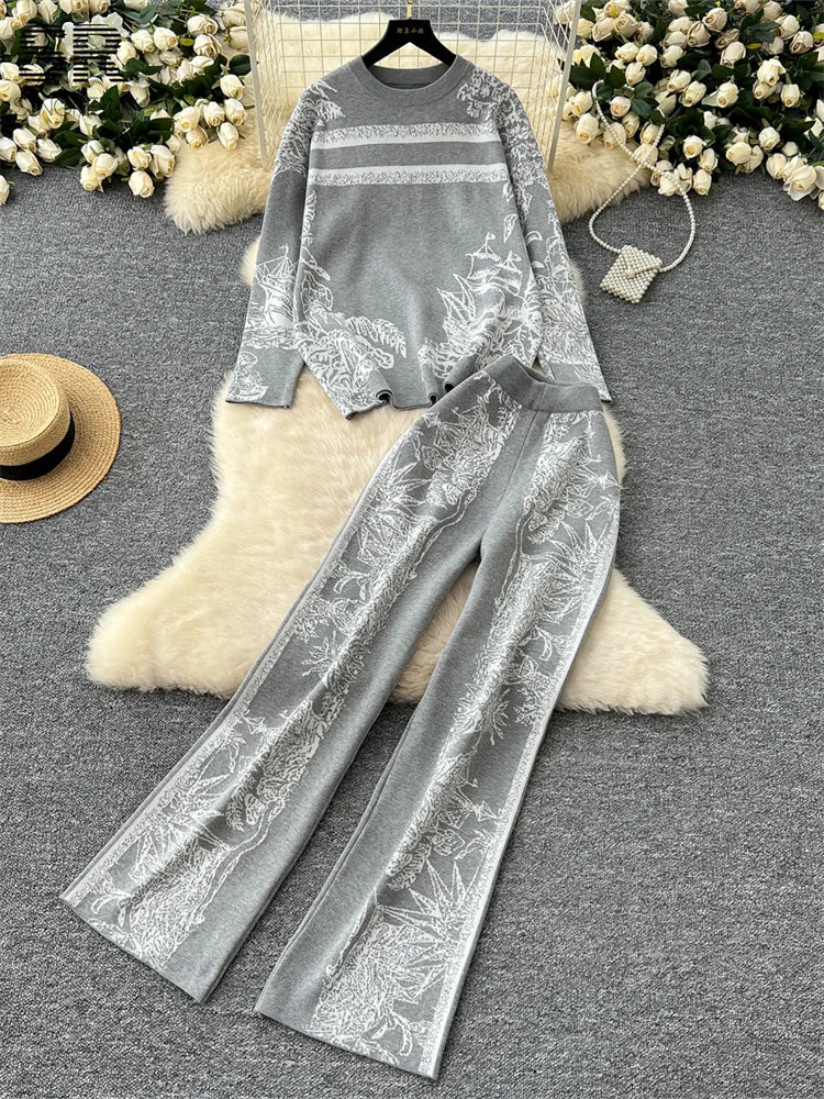 Jacquard Knitting Two Pieces Suits Women Long Sleeve O Neck Sweater+Wide Leg Pants Autumn Winter Warm Loose 2pcs Sets