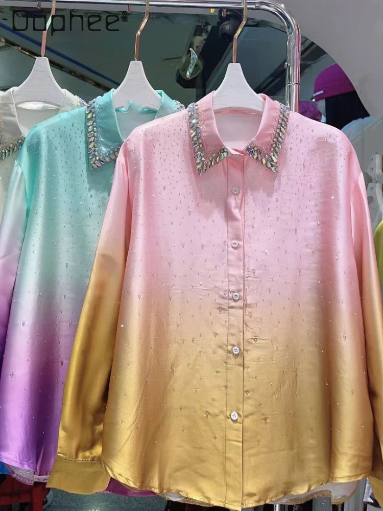 Fashion Gradient Rhinestone Mercerized Cotton Blouse  Spring Rhinestone Lapel Long Sleeve Single-Breasted Shirt for Women
