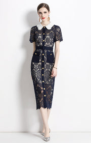 High Quality Button Pocket Lace Knee-Length Temperament Slim High Waist Pencil Dress