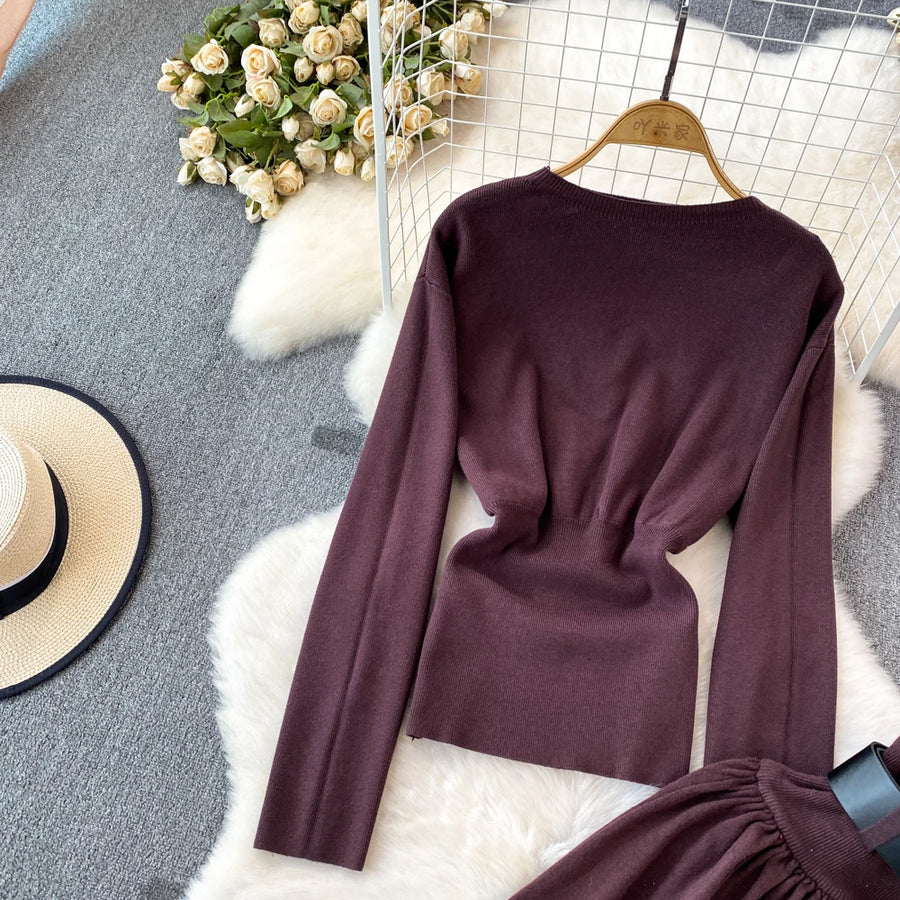 Women Elegant Office Two Piece Sets Autumn Winter Long Sleeved Standing Neck Sweater Top High Waist Slim A-line Long Skirt Suits