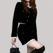 Two Piece Velvet Skirt Set Single-breasted Long Sleeve Short Coat + A-line Mini Skirt High Quality