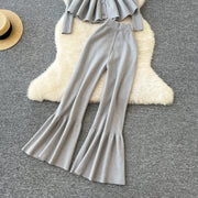 Fashion Luxury Women Sweater Suits Ruffles Slim Knitted Blouse + Elastic Long Flare Pant Two Piece Sets High Quality