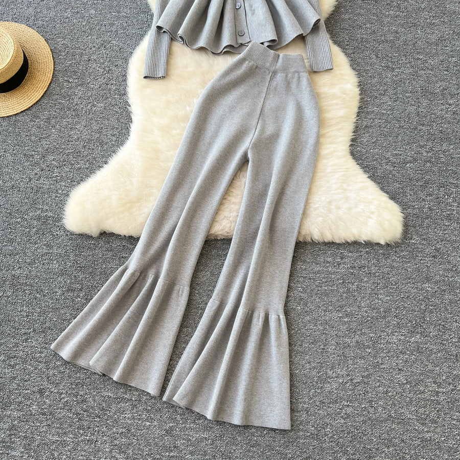 Fashion Luxury Women Sweater Suits Ruffles Slim Knitted Blouse + Elastic Long Flare Pant Two Piece Sets High Quality