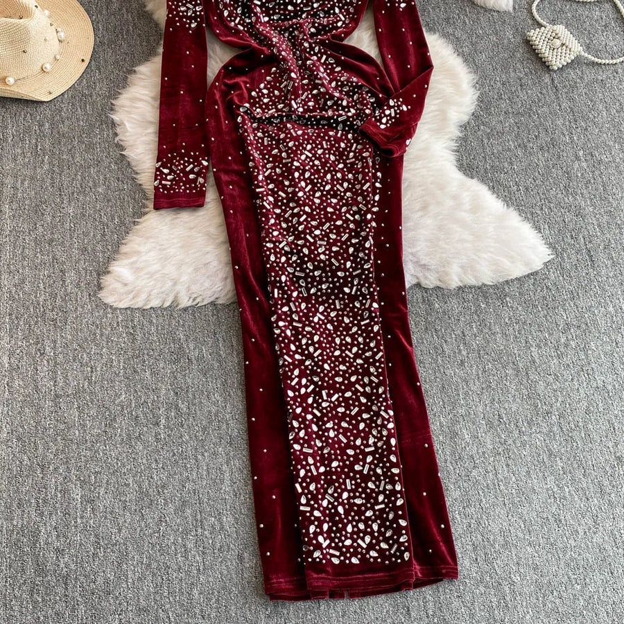 High Quality O Neck Long Sleeve Bodycon Sexy Rhinestones Velvet Vintage Elegant Dresses