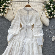 Elegant round neck fitted long dress, vintage style, long lantern sleeves, embroidery, single breasted, French evening style