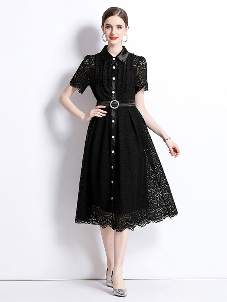 High Quality Elegant Short Sleeve Black Lace Midi Dress Black / XL High Quality Elegant Short Sleeve Black Lace Midi Dress Black / XL