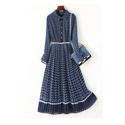 Blue Plaid Turndown Collar Long Sleeve Pleated High Waist Elegant High Quality Dresses