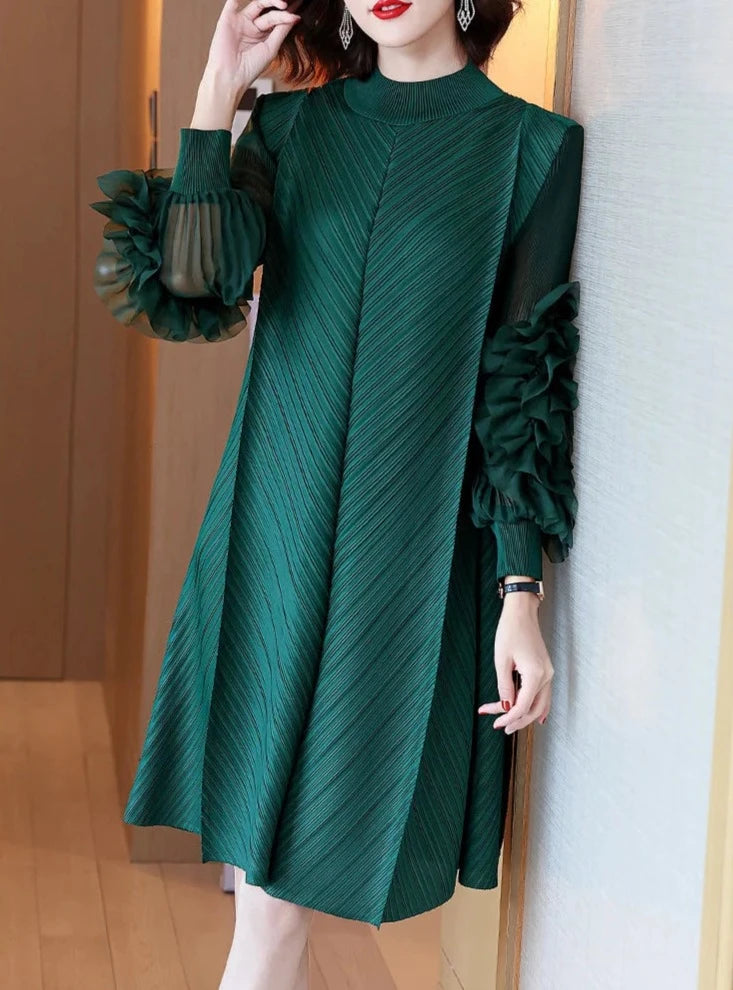 Women's Ruffle Mesh Pleated Midi Dress Long Sleeve Half High Neck Vintage Style Elegant High Quality