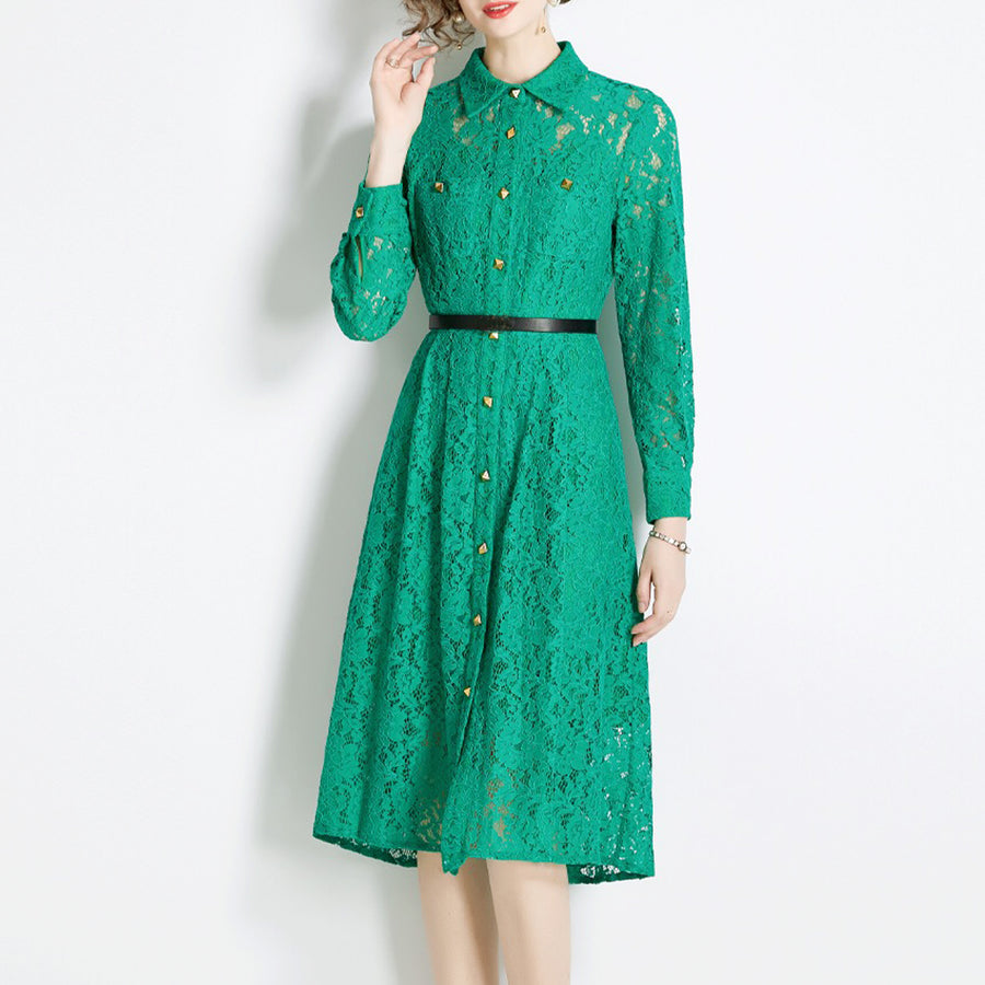 high quality multi color lace dress with pockets, long sleeves, buttons with collar