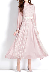 High Quality Mesh Patchwork Mid-Length Long Sleeve Embroidered Flower Dress