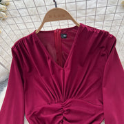 Elegant Pleated Vintage V-neck Chic Long Sleeve Slim Split Dress Korean Fashion Evening Party High Street Autumn Winter Clothing