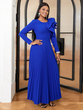Elegant long sleeve pleated dress in blue, green, pink high quality