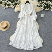 Women Long Dress Dresses Ruffles Vestidos V Neck Lantern Sleeve Elegant Splice Y2k Streetwear Hollow Out Tight Waist Work Party