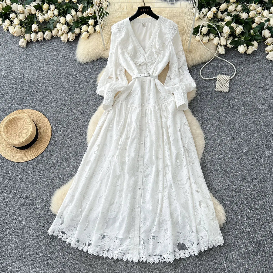 Women Long Dress Dresses Ruffles Vestidos V Neck Lantern Sleeve Elegant Splice Y2k Streetwear Hollow Out Tight Waist Work Party