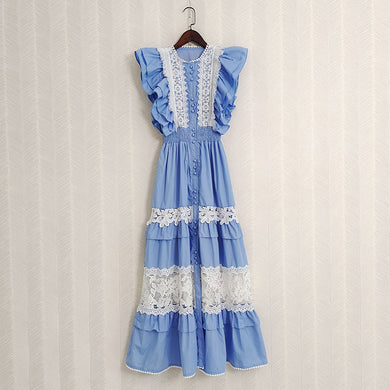 Blue Black White Butterfly Sleeve Long Dress with High Quality Lace
