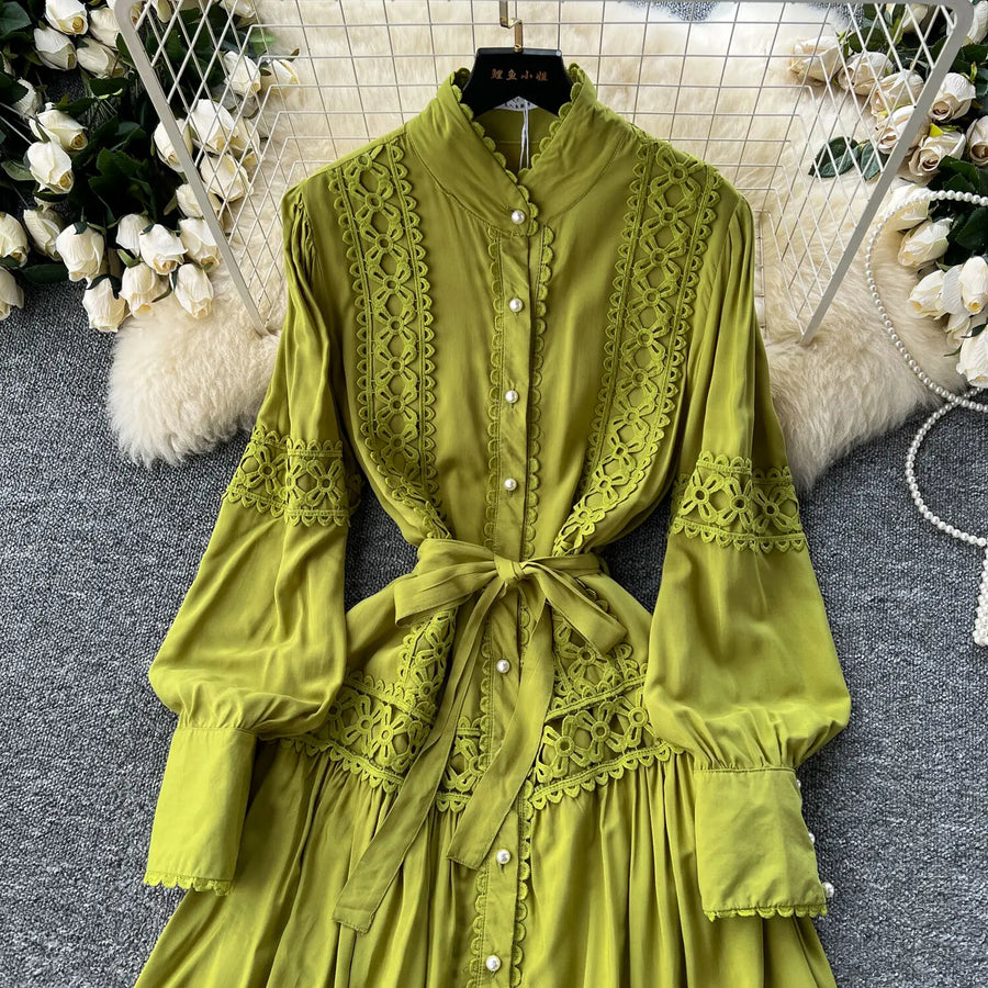 Elegant Long Lantern Sleeve Loose A Line Dress with Lace Patchwork and Pearl Buttons Belt High Quality