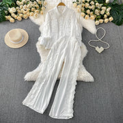 Women Lace Patchwork Pants Set Single Breasted Long Sleeved Shirt Elastic Waisted Trousers Suit Summer Female 2 pieces Sets