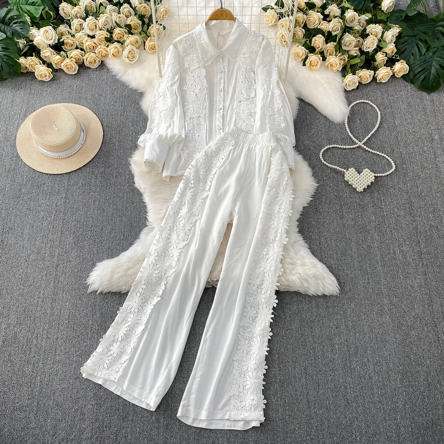 Women Lace Patchwork Pants Set Single Breasted Long Sleeved Shirt Elastic Waisted Trousers Suit Summer Female 2 pieces Sets