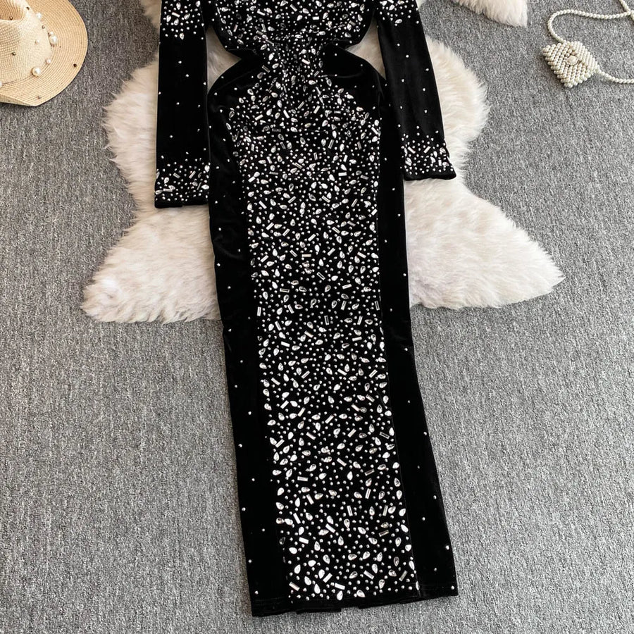 High Quality O Neck Long Sleeve Bodycon Sexy Rhinestones Velvet Vintage Elegant Dresses